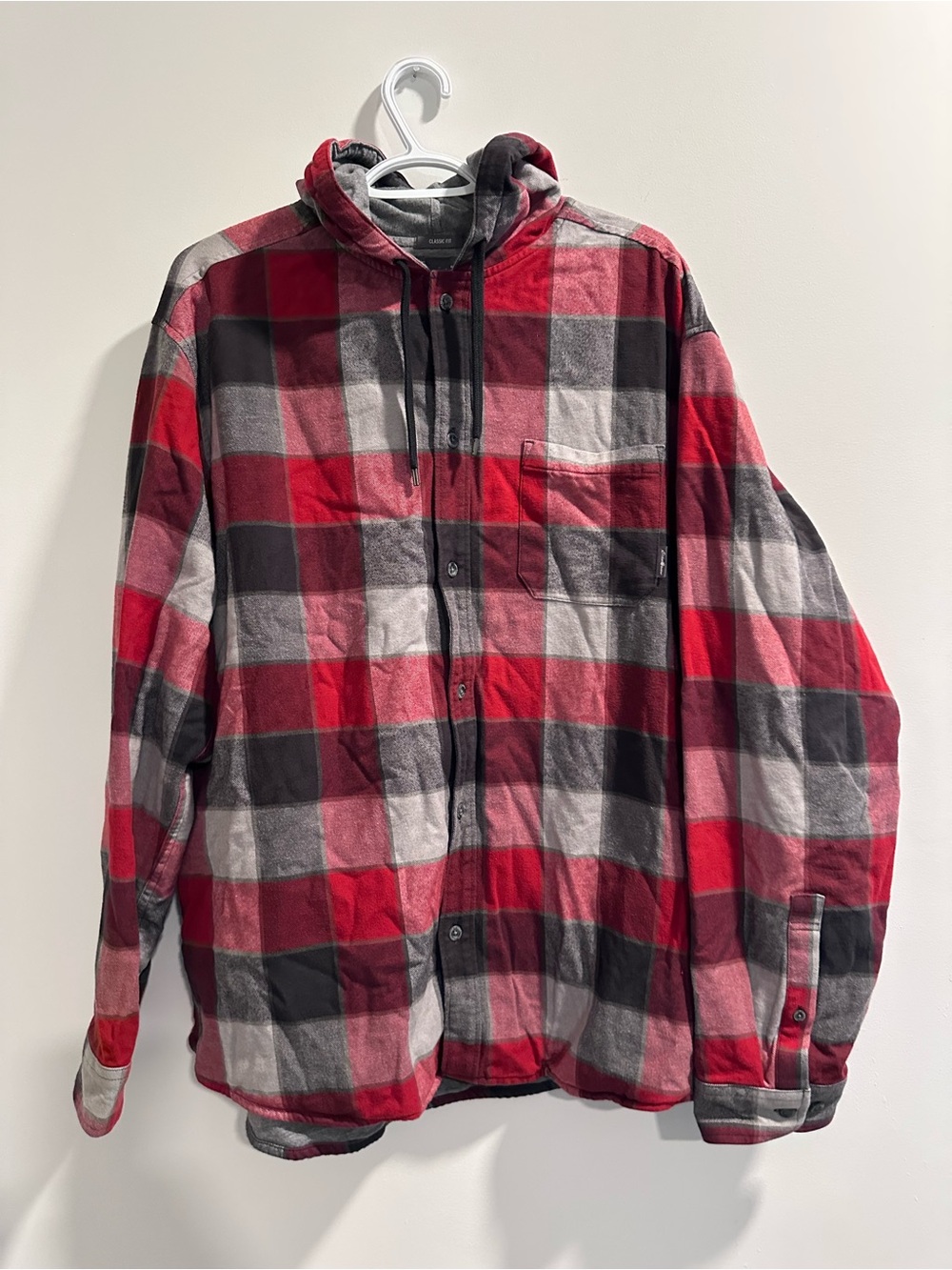 Eddie Bauer Red, Gray and Black Plaid Hooded Flannel Shirt Jacket